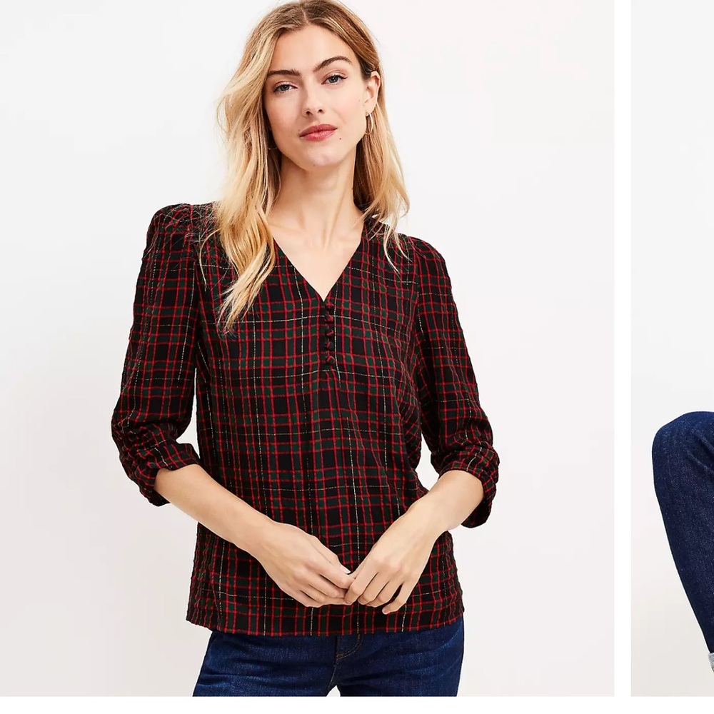 LOFT Shimmer Plaid Shirred V-Neck Blouse - Black and Red